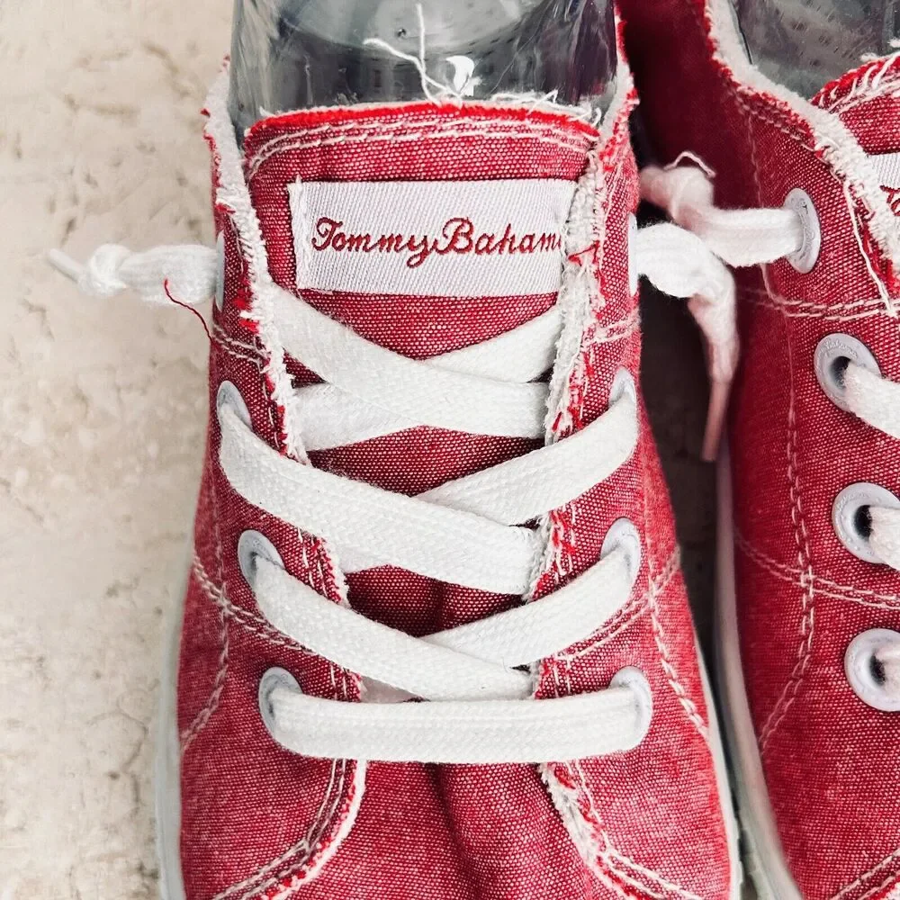 Tommy Bahama Sneakers 8.5 Red Canvas Shoes Comfy Memory Foam Stretch Slip On